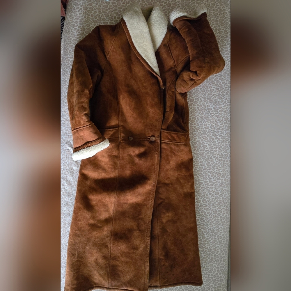 Dagorret Sienna Brown Suede Leather Shearling Midi Coat Size M-L - Picture 16 of 16